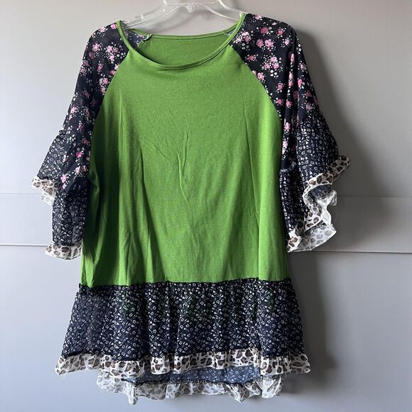 Boho Floral Leopard Floral Top Women Large Green Black Ruffle Bell Sleeve Tiered - Picture 1 of 9